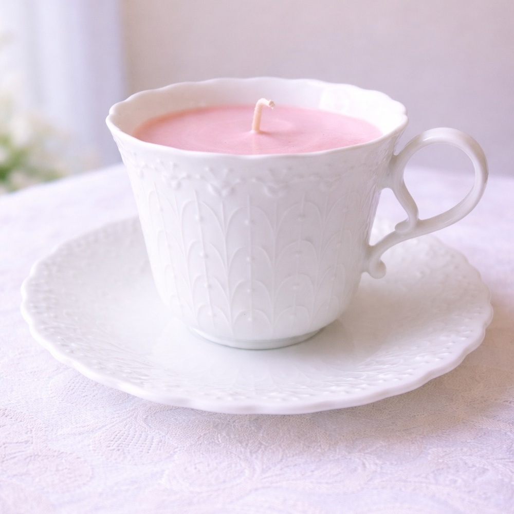 Narumi Bone China Teacup Candle Japan White Floral Cup Saucer Reusable Gift
